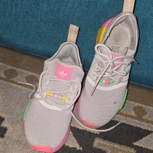 Adidas Gray Sneakers with Pink and Green Accents